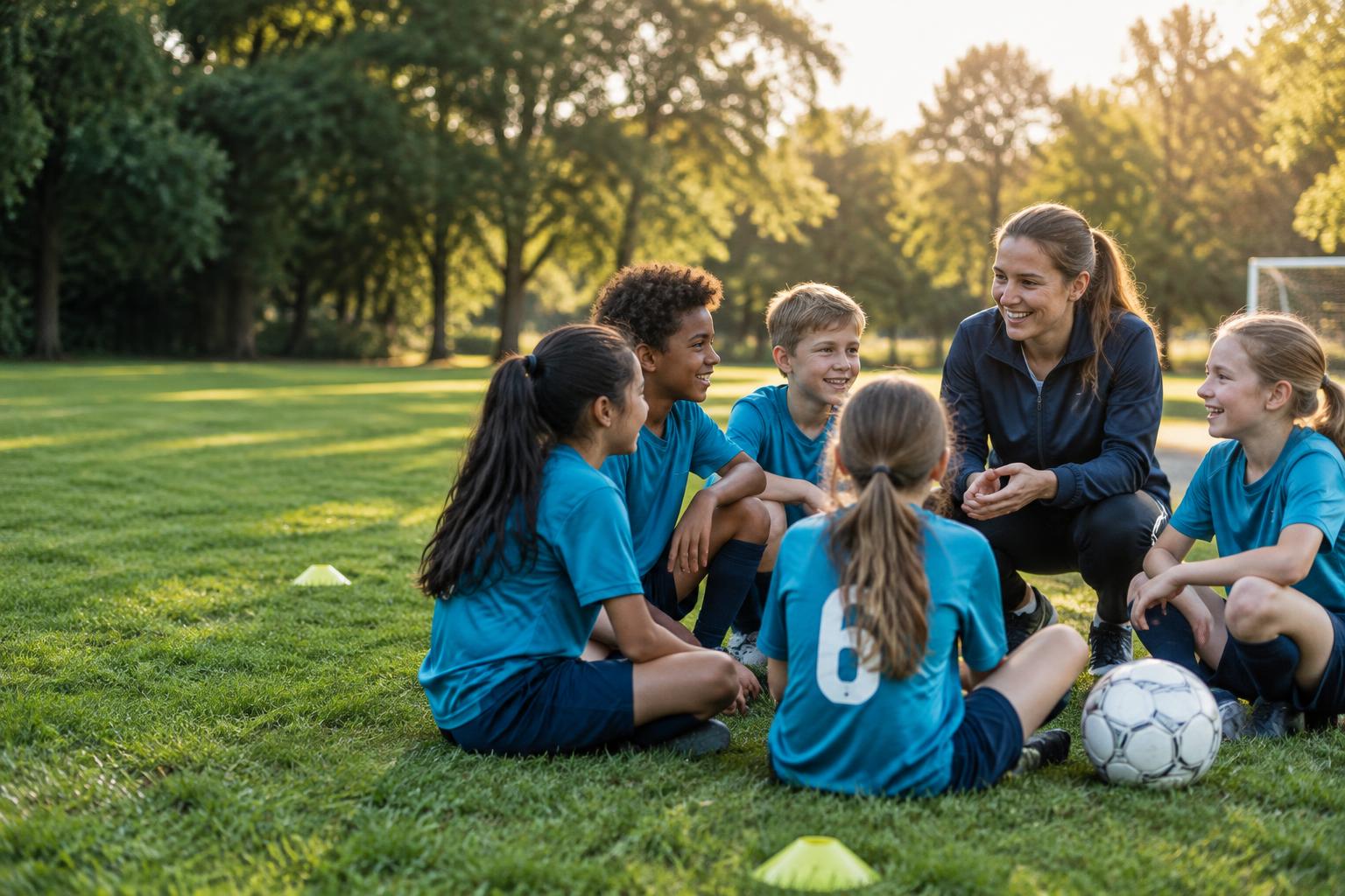 Volunteer coach and young soccer players enjoying a practice together